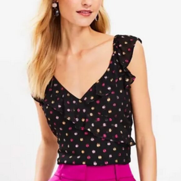 LOFT Tops - Loft Metallic Polka Dot Ruffle Blouse Women's Small Black Career Classic Dainty